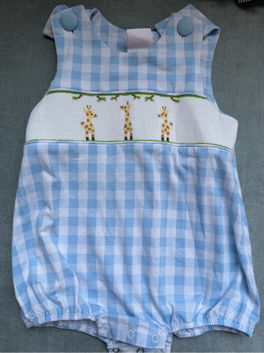 Blue Gingham Smocked Giraffe Baby One-Piece